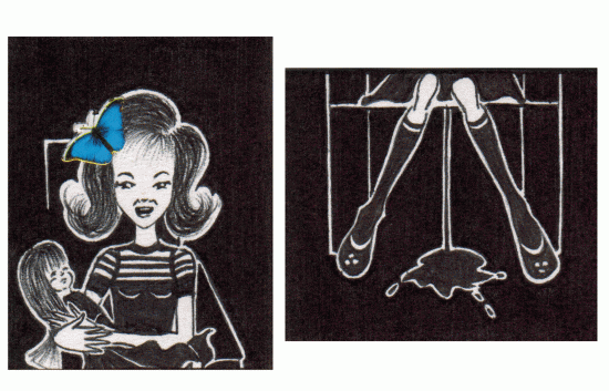 “chicas sensibles”, dibujo, birome y sticker sobre papel e imán. 5 x 10 cm. 2005.