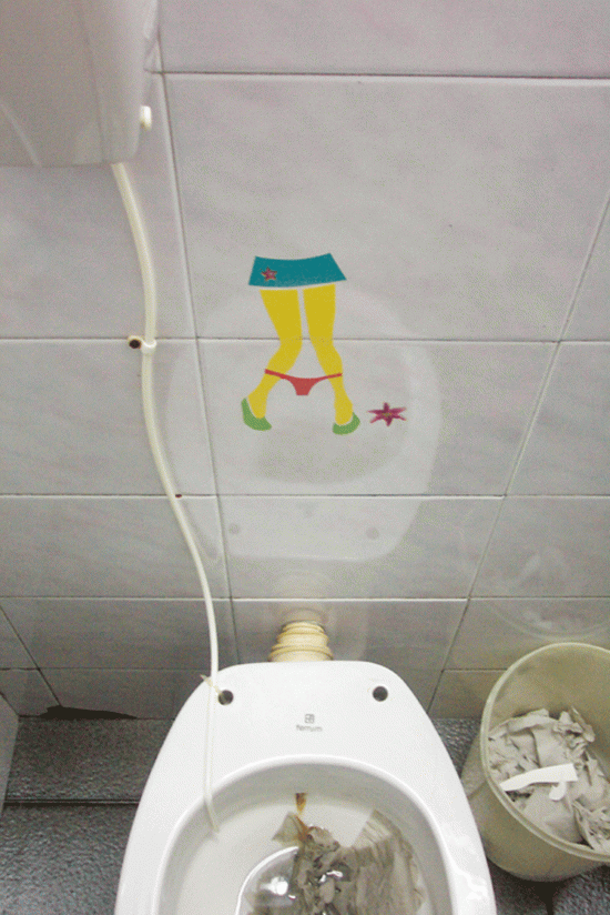 “baños semi-públicos”, intervención, vinilo, 20 cm. de altura.2006.